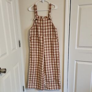 Sadie & Sage Brown and White Checkered Wideleg Cotton Linen Overalls Large